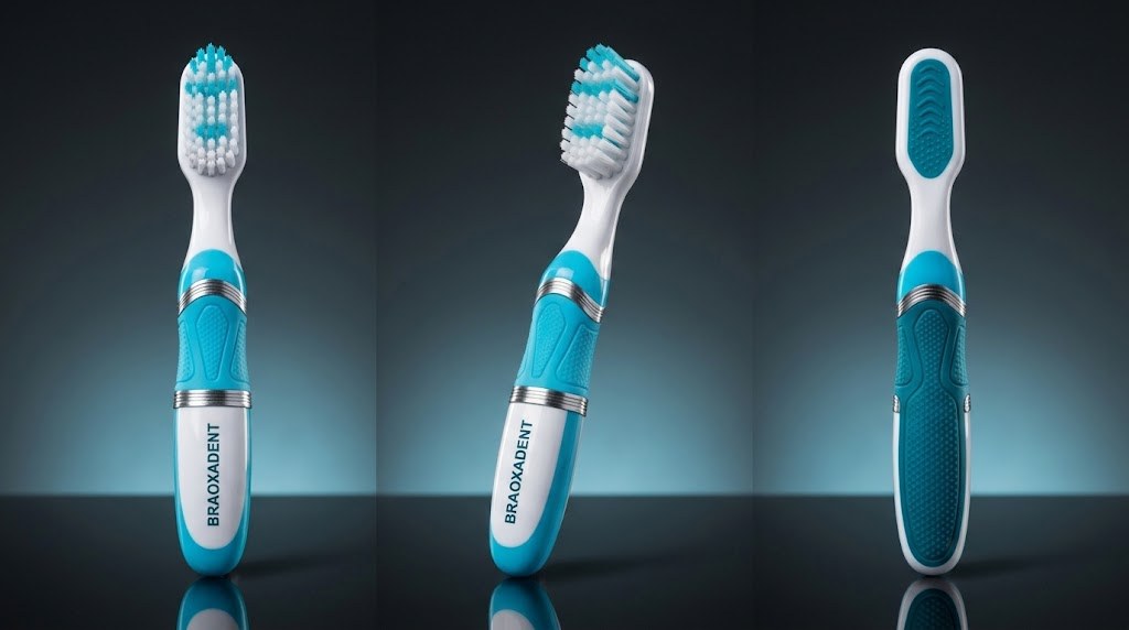 Trois vues de la brosse BRAOXADENT : face, trois-quarts, dos